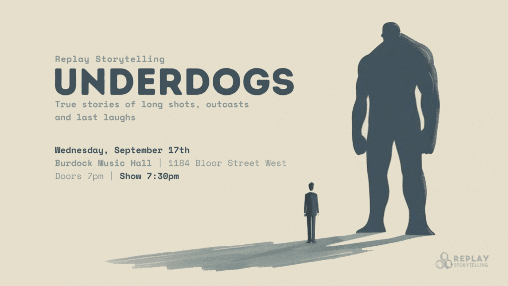 A illustration of a man standing in the shadow of a much larger muscly man.