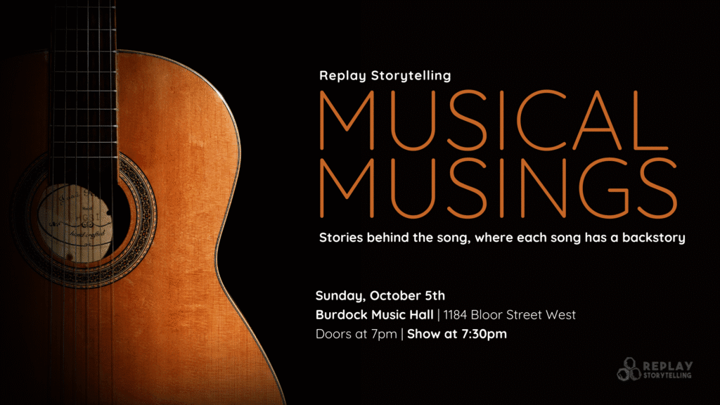 A poster for the show Musical Musings. The poster has an brown acoustic guitar on the left side.