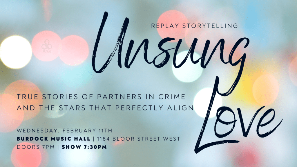 A poster for Unsung Love with a light blue background featuring out of focus red, orange, pink and white string lights.
