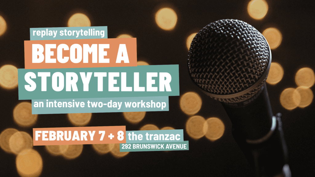 A poster with a microphone on the right side of the graphic with out of focus string lights in the backgroud.