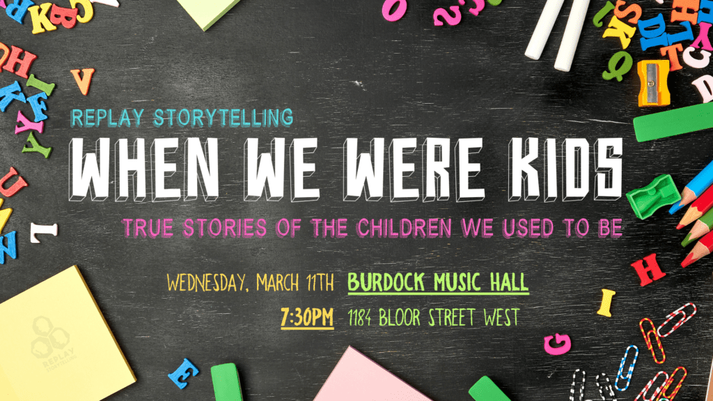 A poster for When We Were Kids, written in block letter on a chalk board, with letter and numbered magnets.